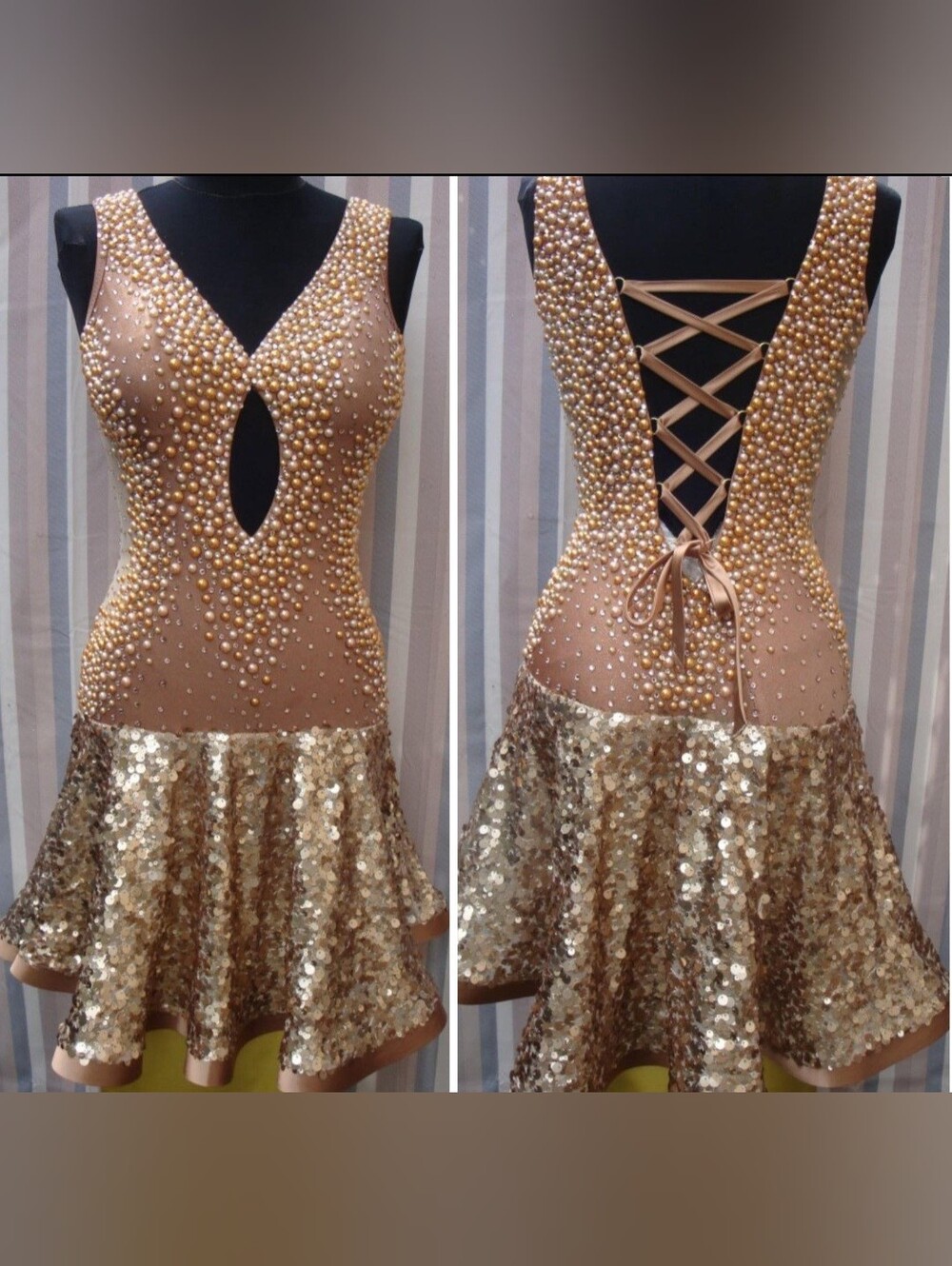Gold Sequin & Pearl Embellished V-Neck Rhythm/Latin Ballroom Dance Dress